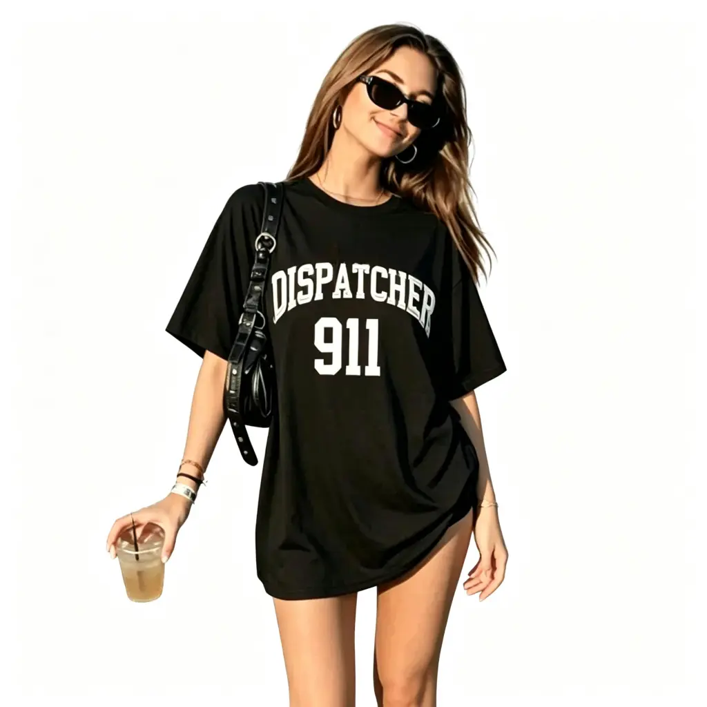 Dispatcher 911 Graphic T-Shirt, Oversized Varsity Block Letter Print Tee, Short Sleeve Crew Neck Casual Streetwear Top Black Cotton