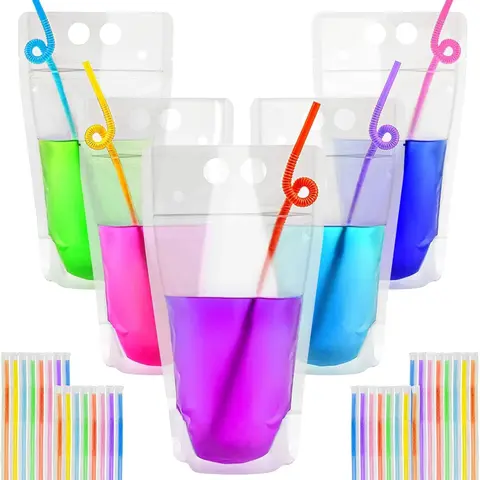 Disposable 17oz Colorful Food Grade Drink Pouch Set - 44 Pack Individually-Wrapped Straw-Ready Wrap Plastic Pouches with Clip-On Straws, 5.1x8.8in, Built for Pool, Beach & Picnic Fun, Pool-Party Ready for Adults, Lightweight Cooling