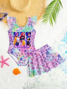 Women's Rainbow Starry Sky Printed One-Piece Swimsuit & Sequined Cover-Up Set, Slim Fit Boho Style Beachwear, All-Over Print Design