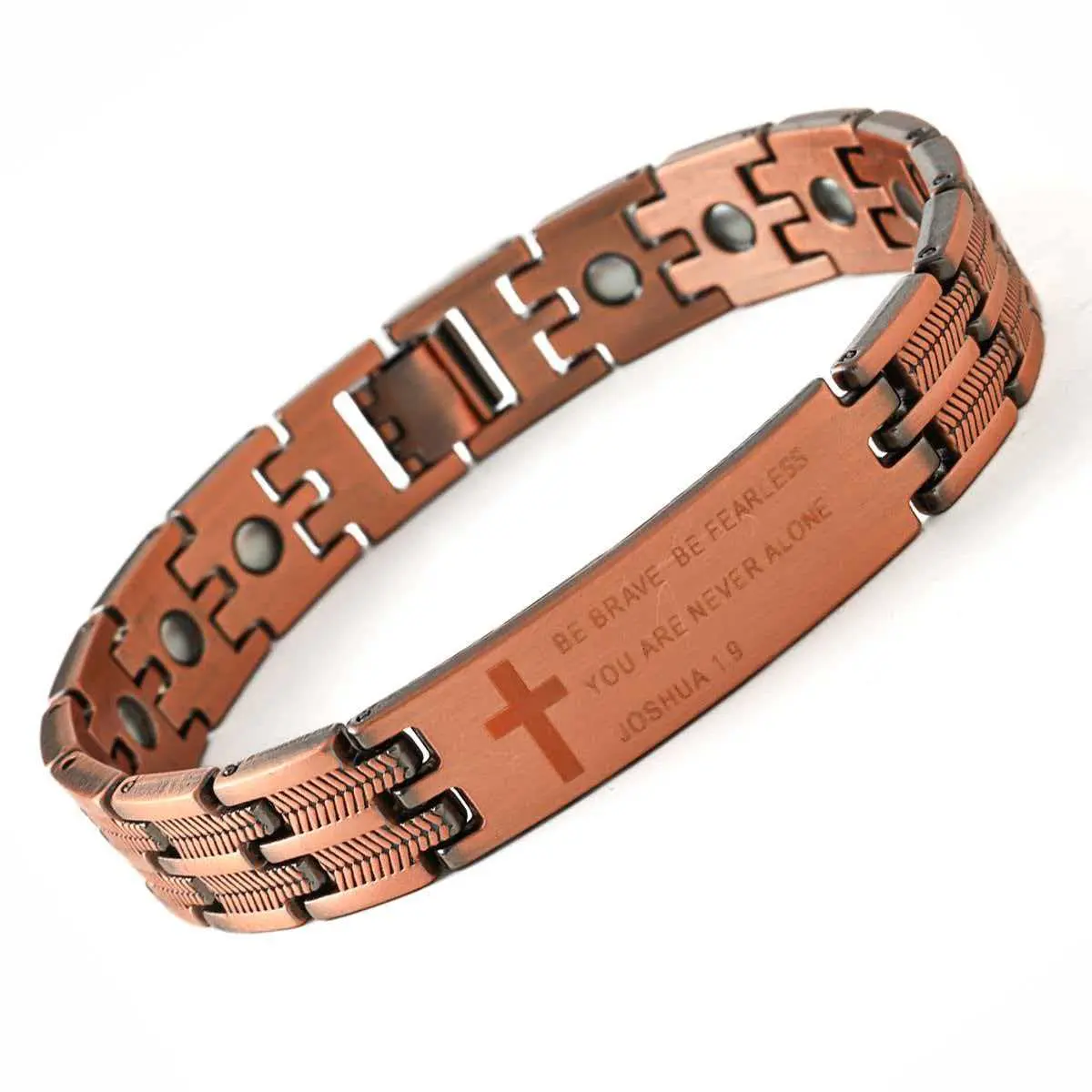 Men's Copper Bracelet — Joshua 1:9 Inspirational Cross Bangle — Adjustable Bracelet with Sizer — Jewelry Gift