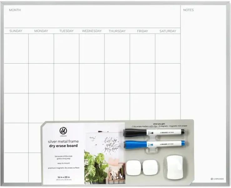 Silver Aluminum Frame 16x20 in. Magnetic Monthly Calendar Dry Erase Board