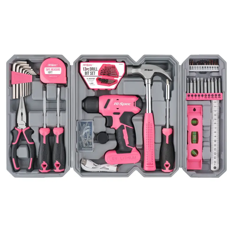 Women's 8V USB Rechargeable Cordless Drill & Tool Kit Set - Electric Power Drill Driver, USB Rechargeable Screwdriver, Compact Grip, Basic Tools, Compact Hand Toolbox, Pink, Screwdriver Bit Clip, Switchable Shape, Ideal for Home Projects, Tool Box, Switch