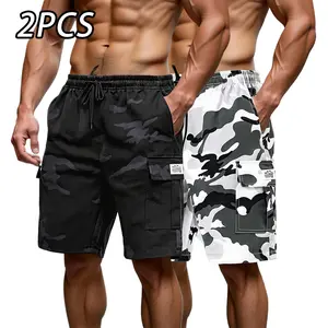 Men’s camouflage cargo shorts two-pack, military-inspired streetwear style, drawstring elastic waistband, 3D patch appliqué cargo pockets, quick-dry abrasion-resistant fabric, suitable for young men—fitness, running, outdoor camping, everyday commuting ti