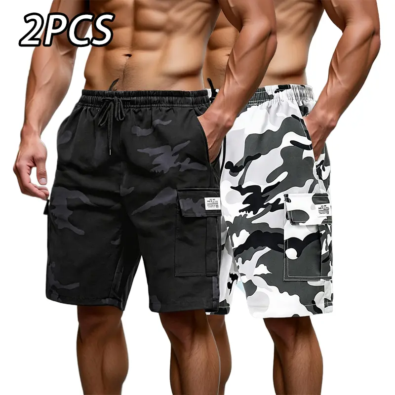 Men’s camouflage cargo shorts two-pack, military-inspired streetwear style, drawstring elastic waistband, 3D patch appliqué cargo pockets, quick-dry abrasion-resistant fabric, suitable for young men—fitness, running, outdoor camping, everyday commuting ti