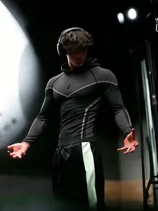 Men's European Style Hooded Half-Zip Fitness Long Sleeve, Mesh Patch Design, High Elasticity Quick-Dry Breathable Compress Fabric, Slim Fit Muscle Showcase