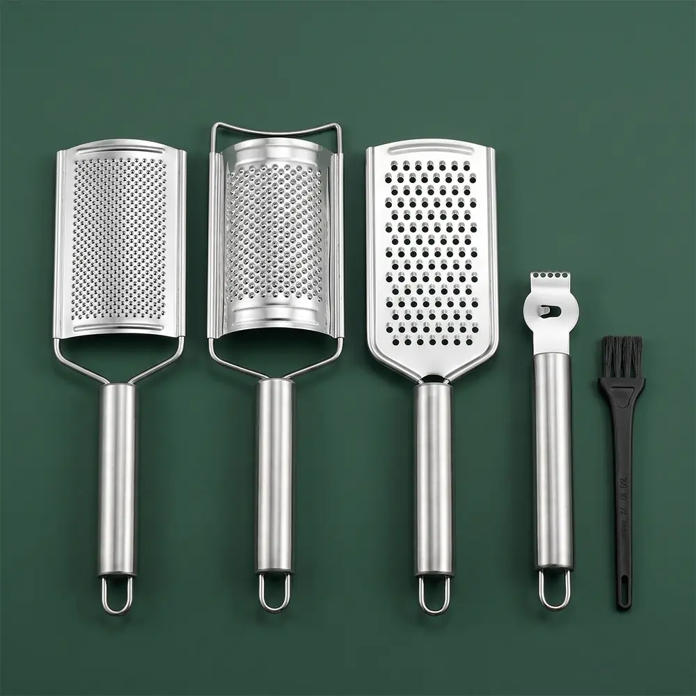 5-Piece High-Polish Stainless Steel Cheese Grating Utensil Set - Includes Kitchen Grater, Peeler, Slicer, Lemon Zester, Cleaning Brush for Cabbage, Vegetable, Modern Kitchen Use