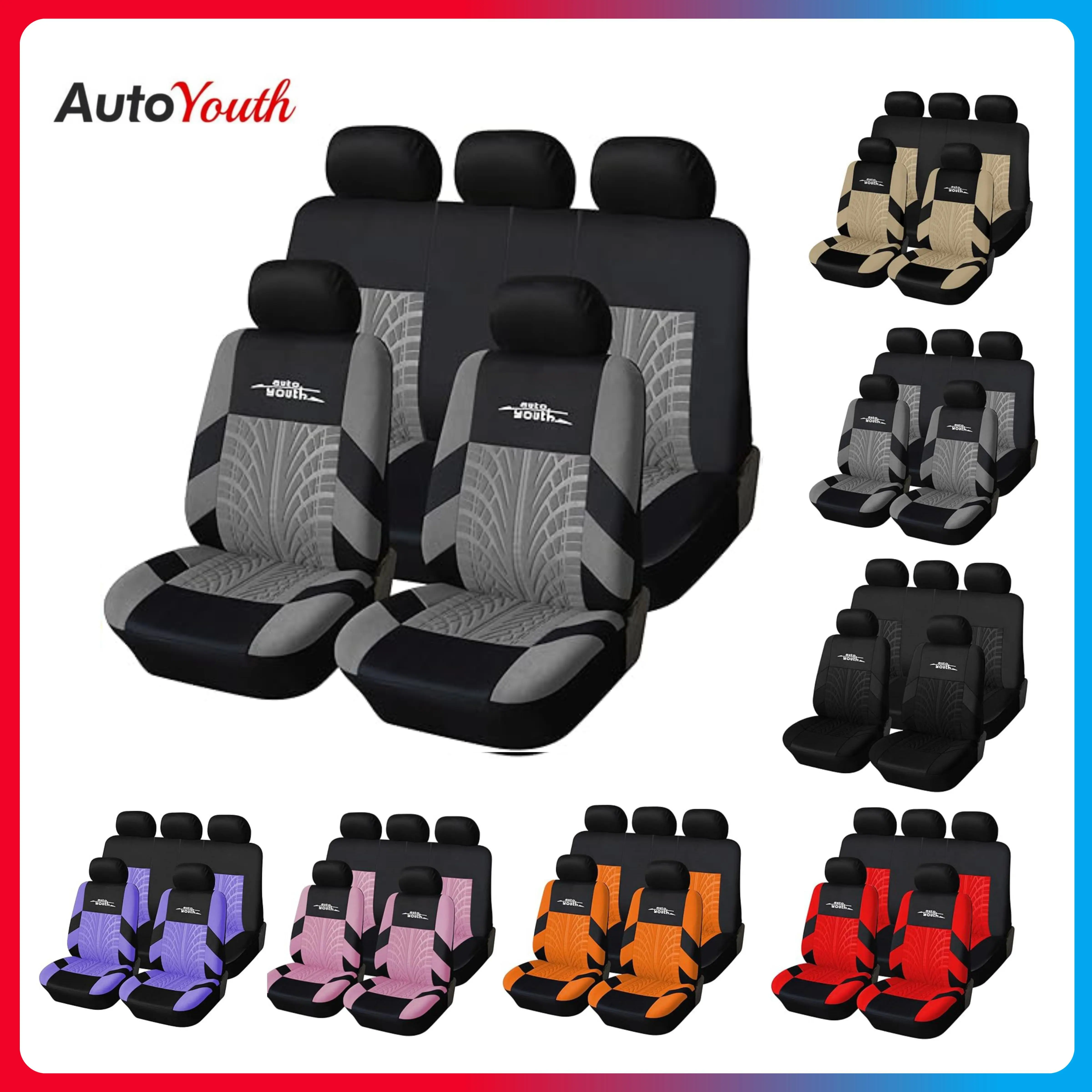 AutoYouth 5-Seater Car Seat Covers Set, Stylish Fabric Front & Rear Seat Protectors, Airbag Compatible, Universal Fit for Most Cars SUVs Trucks, Automotive Interior Accessories, Vehicle Accessories, Gray Red Black Car Decor Gift, Seat Covers For Car