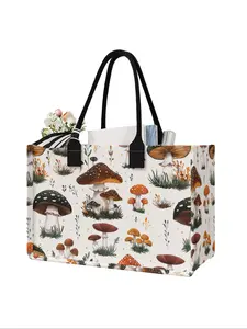 Mushroom Print Large Capacity Storage Bag, Durable Handles, Space-Saving Multi-Purpose Organizer for School Travel Shopping, Fashionable Shopping Bag