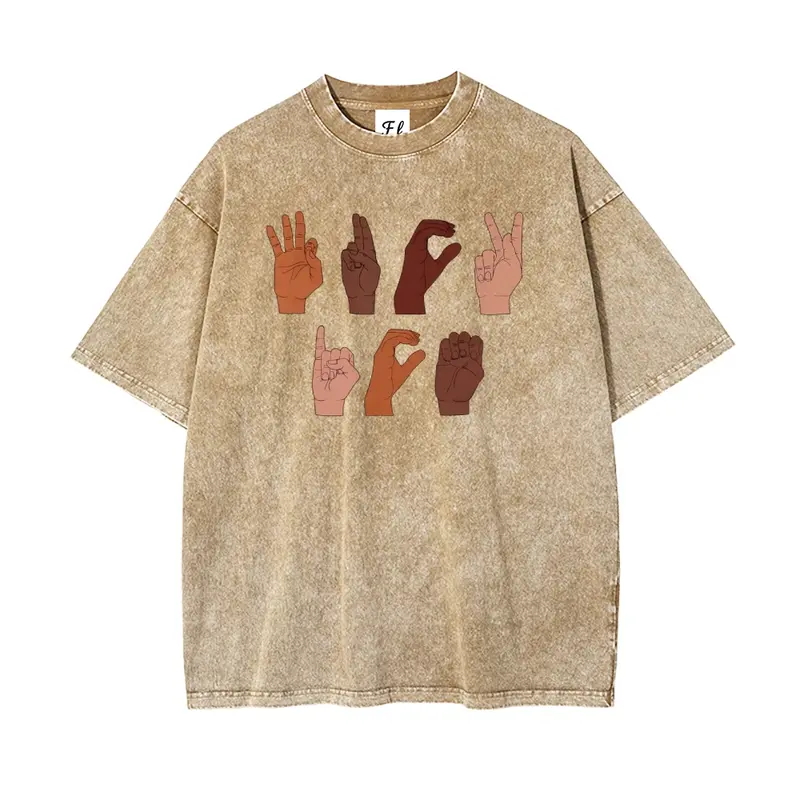 Menswear Unisex Oversize Soft Washed Batik Cotton Round Neck T-Shirt - Vintage Retro Casual, F*ck ICE Hand Sign, Chinga La Migra, Anti-Deportation, Hot Stamp, Pre-Shrunk Fabric, All Season Streetwear