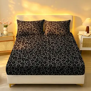 3-Piece Black & Grey Leopard Print Bed Skirt Set with Anti-Stain, Chic, Comfortable, Fashion Fitted Sheets, Deep Pocket Non-Slip Microfiber Mattress Protector, Skin-Friendly Pillowcase, All-Season Bedding for Stylish Bedrooms, Anti-Stain Fitted Sheets