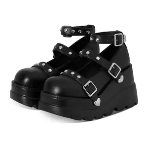 Women's Gothic Platform Mary Jane Cute Bow Gothic Pumps Adjustable Studded Ankle Strap Round Toe Wedge Lolita Shoes Uniform Party Dress Shoes spring summer autumn