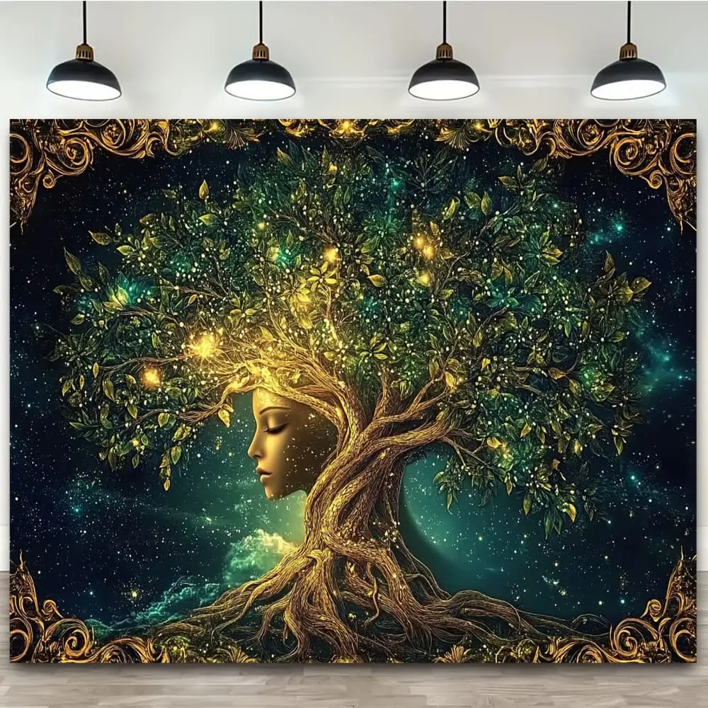 1pc Tree of Life Mandala Tapestry - Green Leaf Spiritual Design with Golden Leaves & Cosmic Starry Sky, Premium Polyester Artwork Print Wall Hanging, Room Decor, Decor Accessories for Living Room Decorations (149.86x99.06, 130.0x149.86, 229.87x17cm)