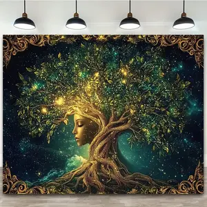 1pc Tree of Life Mandala Tapestry - Green Leaf Spiritual Design with Golden Leaves & Cosmic Starry Night Sky, Premium Polyester Fabric Wall Hanging for Bedroom, Living Room, Housewarming, Anniversary, Party Decor (149.86x99.06cm, 130.0x149.86cm, 229.87x17