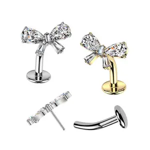 Titanium Threadless Floating Convex Base CZ Bow Top Belly Button Ring