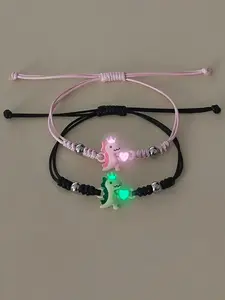 2 Piece Set Glow-In-The-Dark Heart Crown Dinosaur Accessories, Cute Couple Wristbands, Fashionable Women's Valentine's Day Gift Jewelry, Trendy Fashionable Accessories, Couple Bracelets