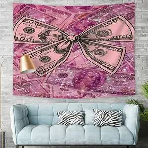 Pink Dollar Bow Design Tapestry, Wall Hanging Tapestry Perfect for Glamorous Decor, Decoration, Digital Print Tapestry Featuring Glittery Pink Dollar Bills, Ideal for Bedroom, Living Room, Wall Art, Home Bedroom Decor, Wall Tapestries