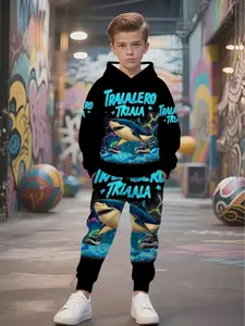 Boys' Long Sleeve Hoodie with Geometric Pattern, Casual Fitted Design, Perfect for Fall & Spring, Creative Graphic Sweatshirt