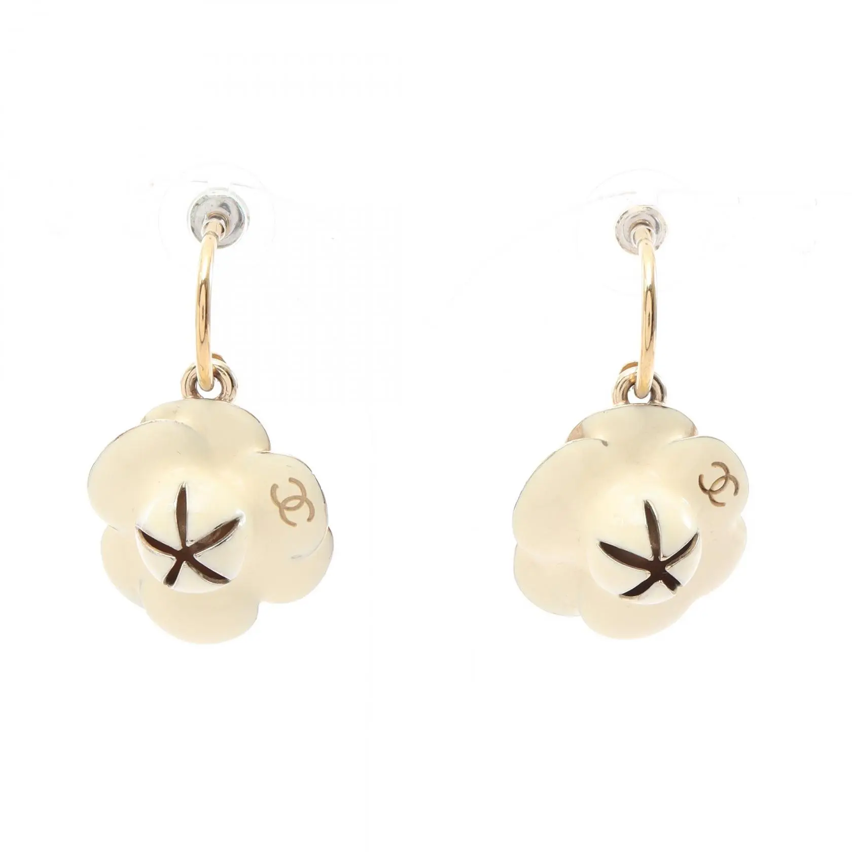 Pre-owned CHANEL Gold-plated Small Leather Goods Camellia Swing Earrings