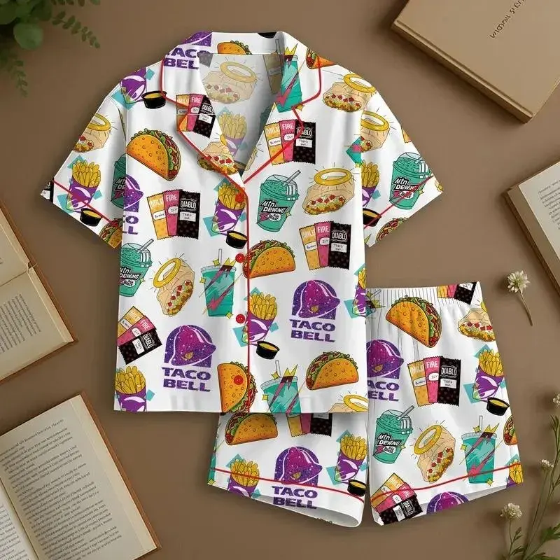 Taco Bell Inspired Satin Pajama Set for Women, Funny Fast Food Print Silky Sleepwear and Loungewear