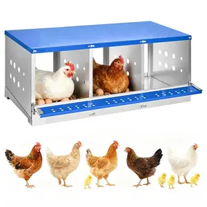GAOMON Chicken Nesting Boxes, 3 Compartments Metal Design with Roll Out Egg Collection, Ventilation & Swing Up Perch for Chicken Coop,Egg Laying Boxes for Hens, Ducks,Blue
