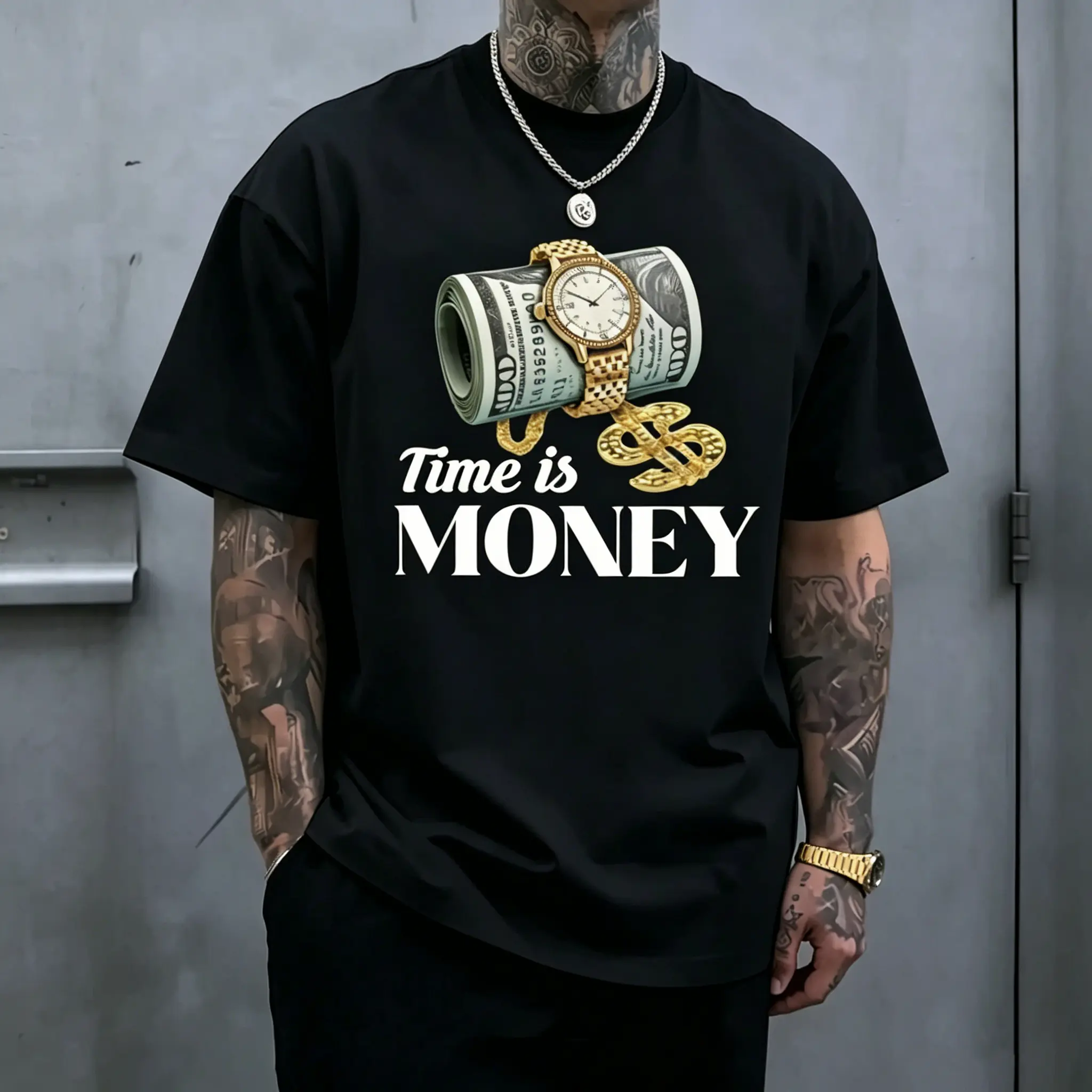 Men's "Time is Money" Graphic T-Shirt, Black Casual Streetwear Tee With Dollar & Watch Print,  Hip Hop Short Sleeve Tee