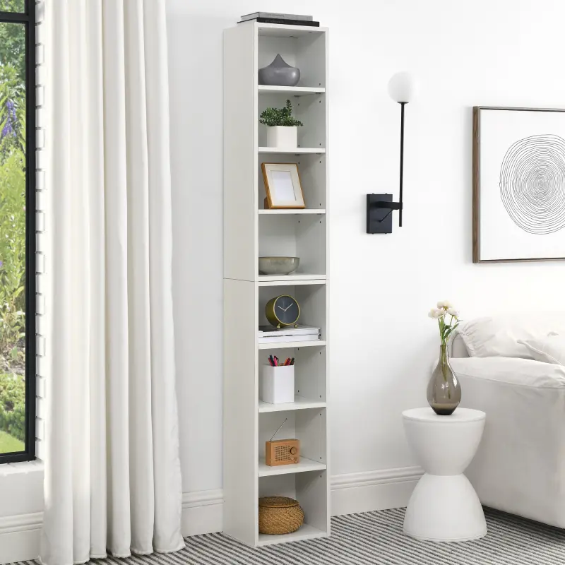 【Bellemave】8-Tier Media Tower Rack, CD DVD Slim Storage Cabinet with Adjustable Shelves, Tall Narrow Bookcase Display Bookshelf for Home Office,Multi-functional double-decker bookcase