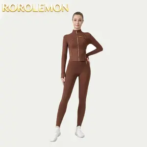 ROROLEMON Women's Slim Fit Activewear Set - Gold Zipper Cropped Jacket + High-Stretch Yoga Leggings 2-Piece Outfit for Gym, Yoga & Daily Wear