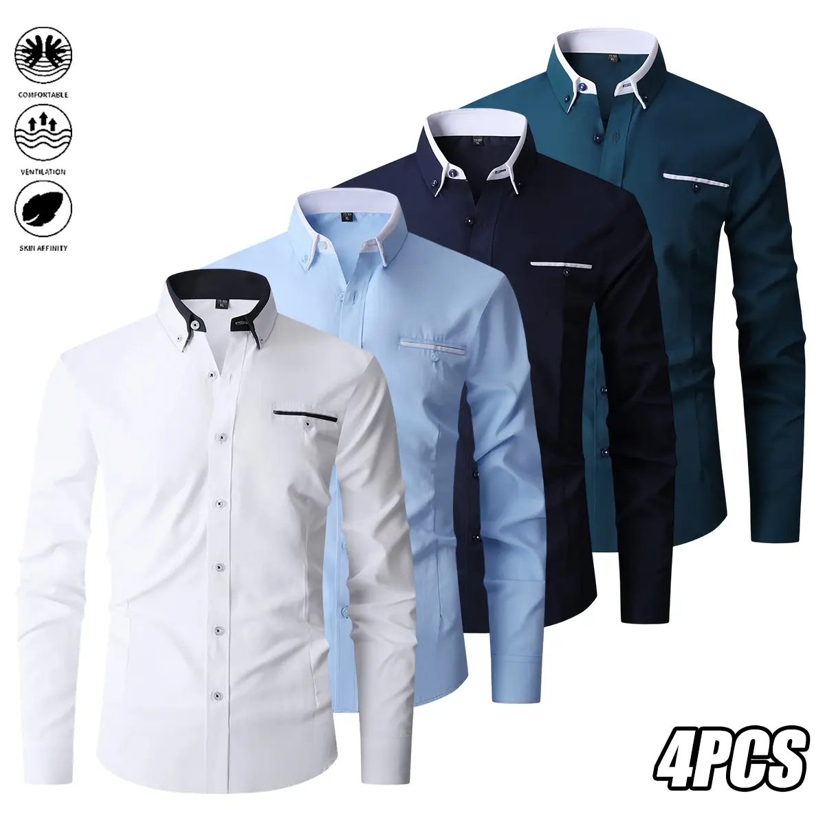 Set of 4 long-sleeve casual shirts for men—professional work shirts with a turn-down collar and button closure; suitable for business casual wear, everyday outings, and commuting.