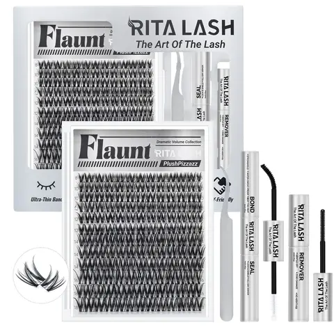 Flaunt, RITALASH 144 Pcs Clusters Kit Eyelashes with Ultra-Dense, Long-Lasting Lashes, Volume Style, Manga Style, Volume False Eyelashes, Beginner-Friendly DIY Lashes, Bond, Seal, Remover & Tweezers Eyelash Extension