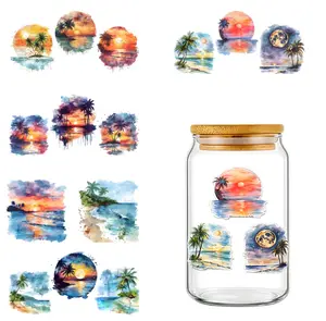 5 PCS Tropical Sunset UV DTF Transfer Sticker Set for Glass Cups, Tumblers & Jars