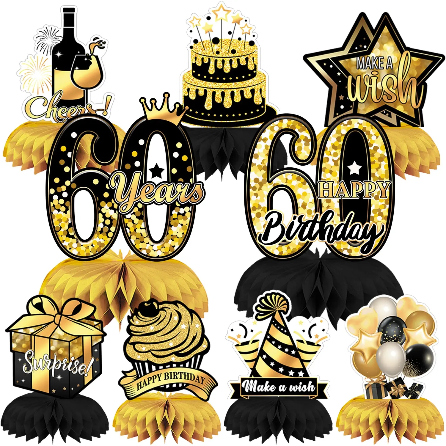 9 Pcs 3D Black Gold 60th Birthday Centerpiece Decorations Set Decorative Centerpiece Table Decor for Party Cheers to 60 Years Celebration Supplies Table Centerpieces Decor