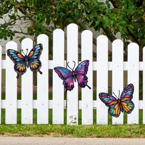 3 Piece Colorful Butterfly Iron Wall Decor, Painted Glass Style Outdoor Fence Hanging Ornament, Farmhouse Garden Soft Decoration, Garden Accessories