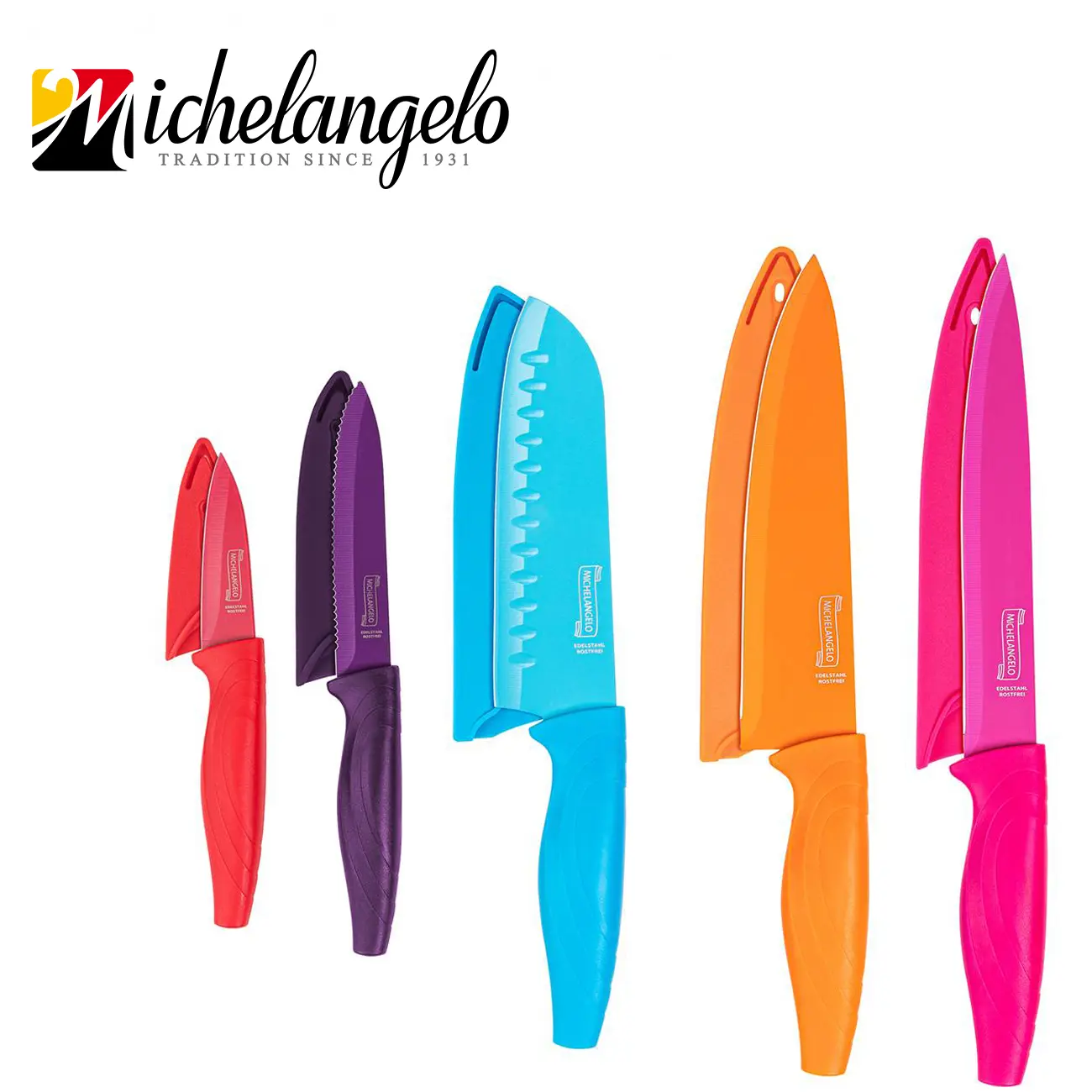 MICHELANGELO Rainbow Kitchen Knife Set, 5-Piece Stainless Steel Chef Knives with Protective Covers for Cutting, Slicing and Food Prep