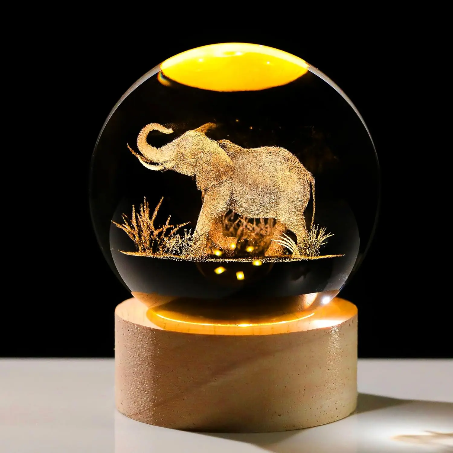 3D Elephant Crystal Ball Collectible with USB-Powered 2W Energy-Efficient Desk Light Wooden Base, Glass Figurine Home Decor, Gift Box-Included Present for Elephant Lovers (Christmas, Birthday)