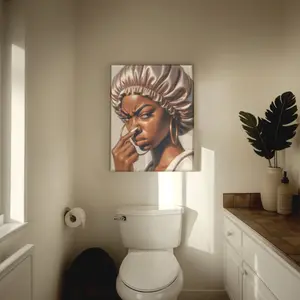 Artistic Woman in Bathroom Satin Bonnet Digital Portrait Unframed Poster Modern Wall Art Decor Photo Proposal Print Hand Tape Decor Artwork Ornaments Set