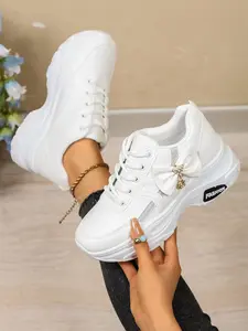 European Style Bow Rhinestone Heeled Dad Shoes, Lace-Up Thick Sole Casual Athletic Sneakers, Comfortable Daily Wear for Shopping and Travel