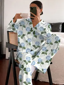 Women’s Hydrangea Bloom Blue Hydrangea Watercolor Flower Short Sleeve Satin Pajama Set, Long Sleeve Latin PJS, Gift For Girlfriends