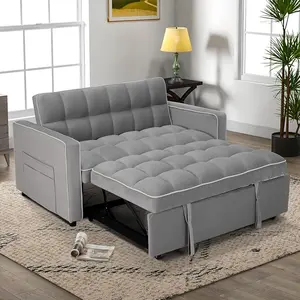 EBELLO 3-in-1 Convertible Velvet Sleeper Sofa Bed | Modern Loveseat Futon with Side Storage Pockets for Small Space, Grey&White Sofa Sets Upholstered Sofa