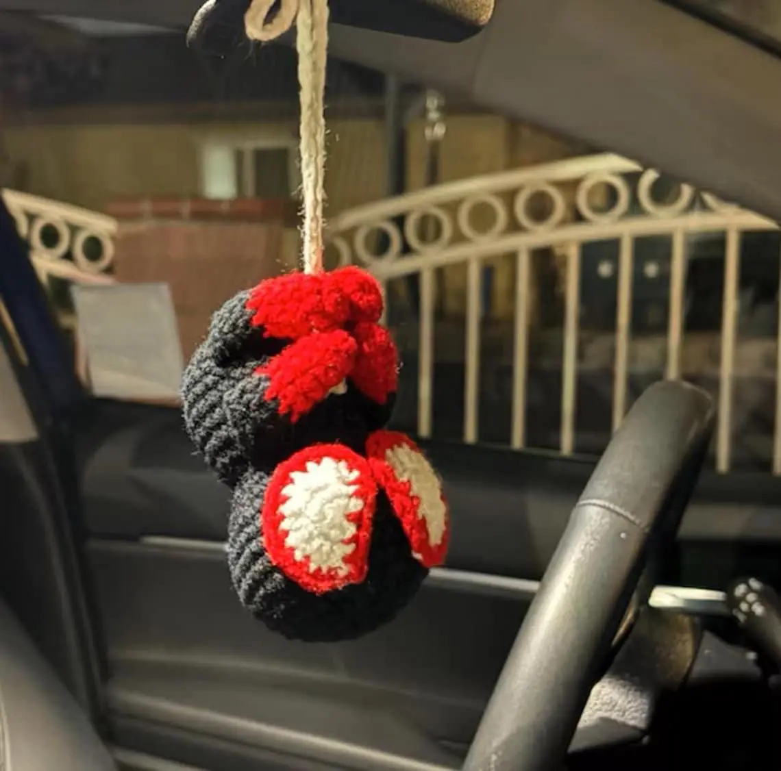 Red Blue Crochet Hanging Car Charm, Handmade Amigurumi Rear View Mirror Ornament, Cute Yarn Car Accessory, Gift for Crochet Lovers