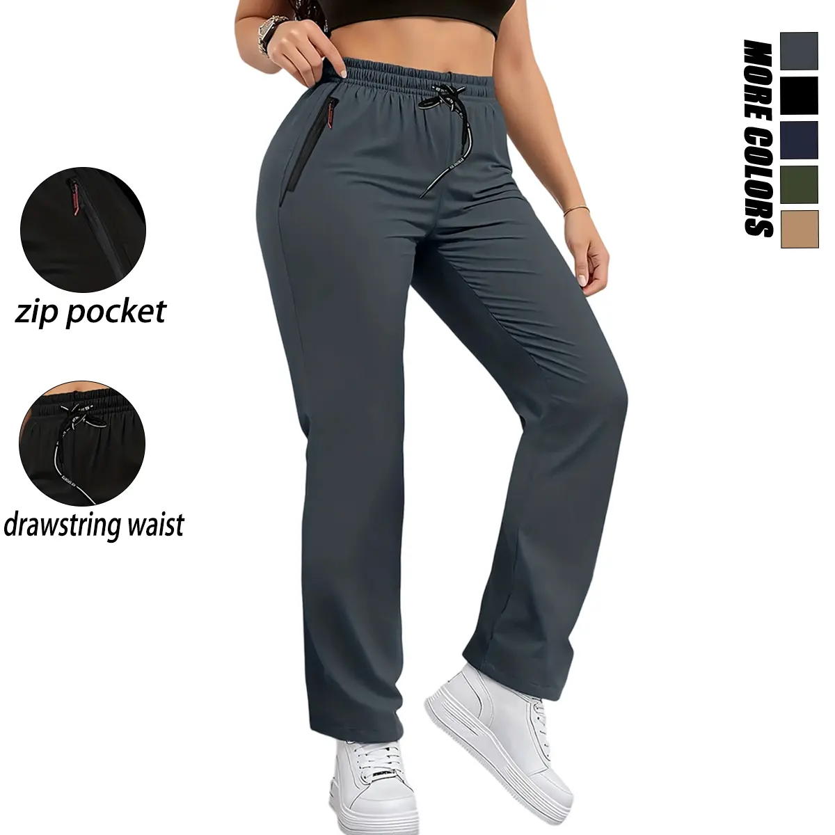 Women's Sporty Chic Plain Black Female Normal Type Athletic Pants - Large Zippered Pocket - Drawstring Waist - Soft Comfortable Jogging Pants for Everyday Outings, Casual Occasions, Polyester, Regular, Solid, Sporty Athletic Trousers, Workout Jogger, Styl