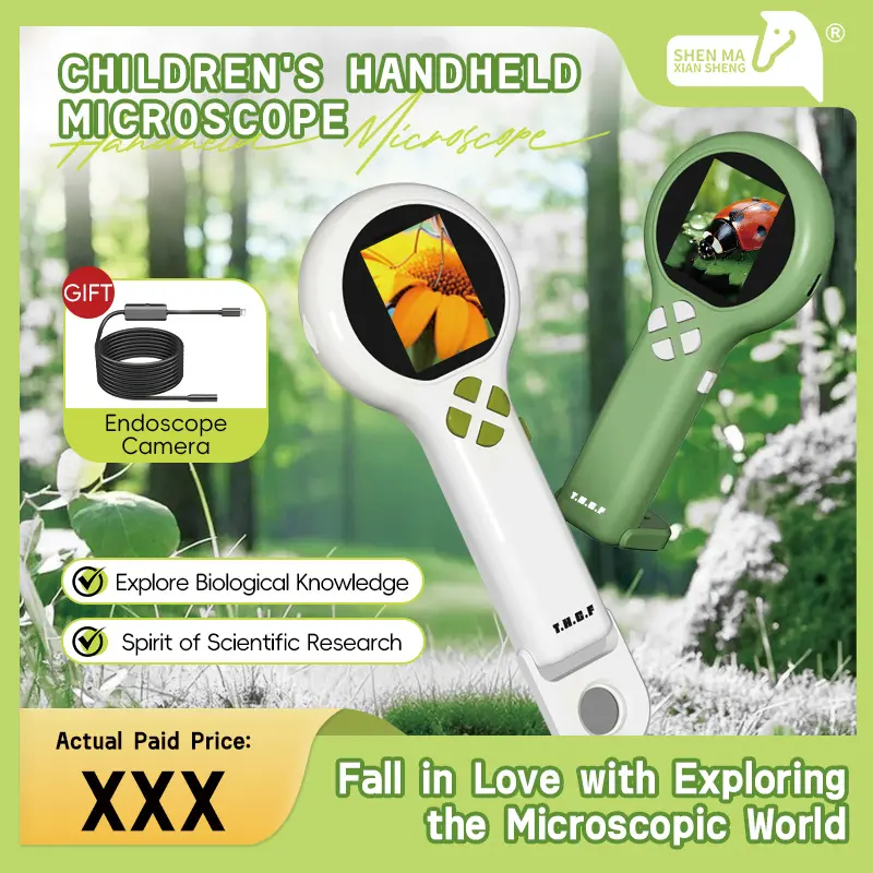 2-in-1 Pocket Microscope & Endoscope for Kids – 500X Digital Handheld Microscope with HD Screen, LED Light, Photo & Video Capture, STEM Science Exploration Kit