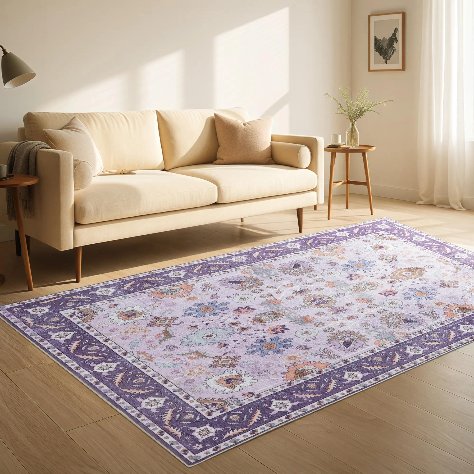 Purple 0.3″ Low Pile & Non-Shedding Boho Large Carpet Rugs,Washable  Large Faux Wool Throw Rug,Floral Print Rugs for Living Room,Dining Room, Bedroom, Office,Non-Slip Backing Floor mat,,4x6 Feet,5x7 Feet,6x9 Feet, Living Room Decor, Rugs For Bedroom