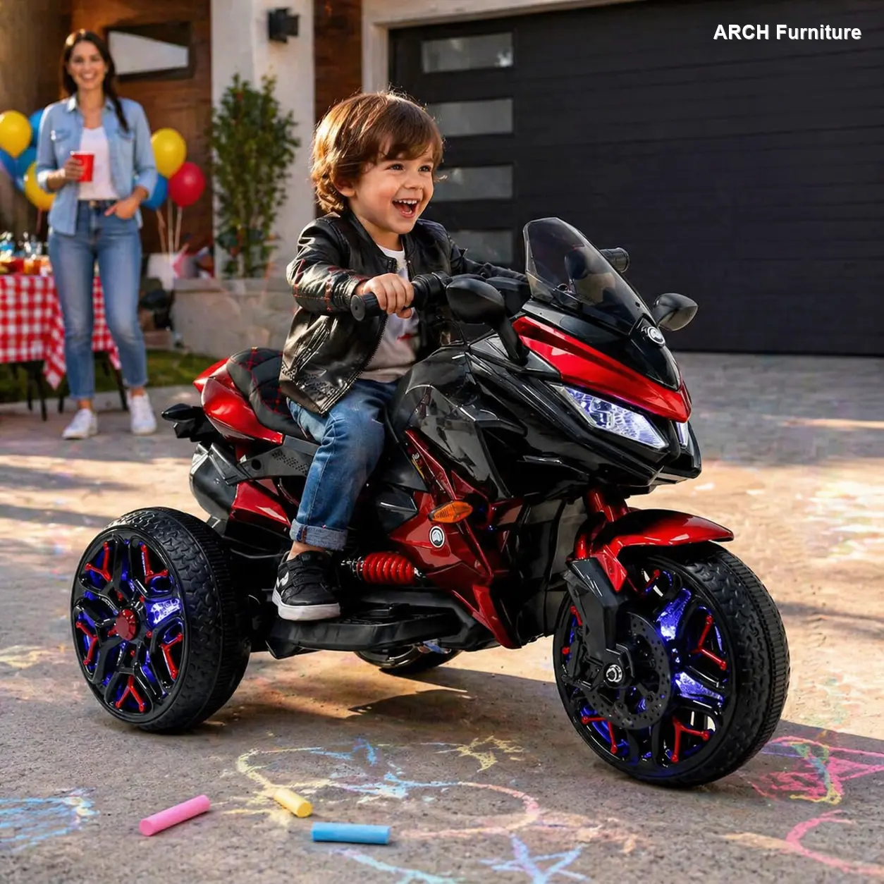 ARCH Kids Motorcycle Ride-On Motorcycle 3-Wheels Battery Powered Motorbike  Rechargeable 12 V kids  ride on toy with PU seat Training  Wheels/manual throttle/ drive by hand /Lighting  wheels