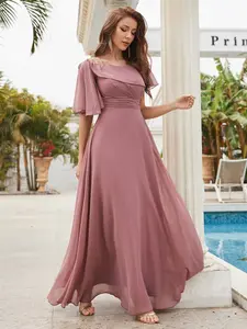 Elegant Round Neck Embroidered Floral Design Waist Cinched Pleated A-Line Chiffon Maxi Bridesmaid Dress, Pure Color Party Gown