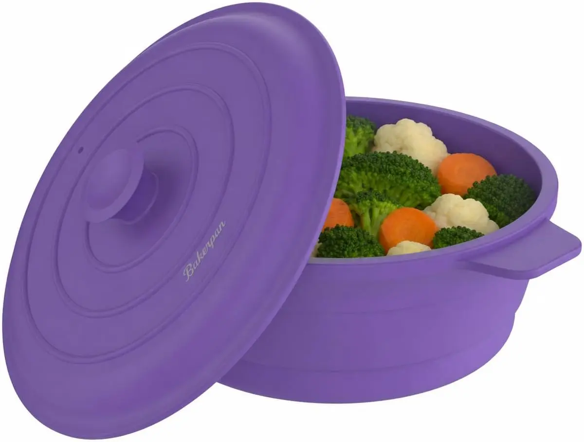 Bakerpan 2 Pack Collapsible Silicone Microwave Vegetable Steamer with Lid - 64 oz Silicone Steamer Pot for Cooking, Steaming & Reheating Food - BPA-Free, Dishwasher Safe