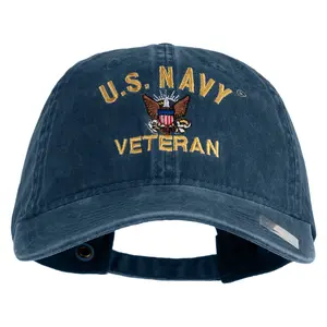 US Navy Veteran Military Embroidered Washed Solid Pigment Dyed Cotton Twill Brass Buckle Cap