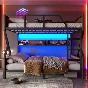 Full over Full Bunk Bed Frame, Heavy-Duty Metal Bunk Bed with Storage Shelves and Lights, Space-saving & Noise-free Design, Black