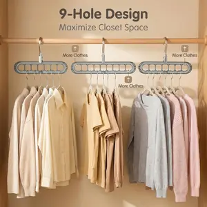 Viral 9-Hole Space Saving Hangers 5 Pack Clear Grey Foldable Anti-Slip Heavy Duty Closet Storage Organizer for Dorm & Wardrobe