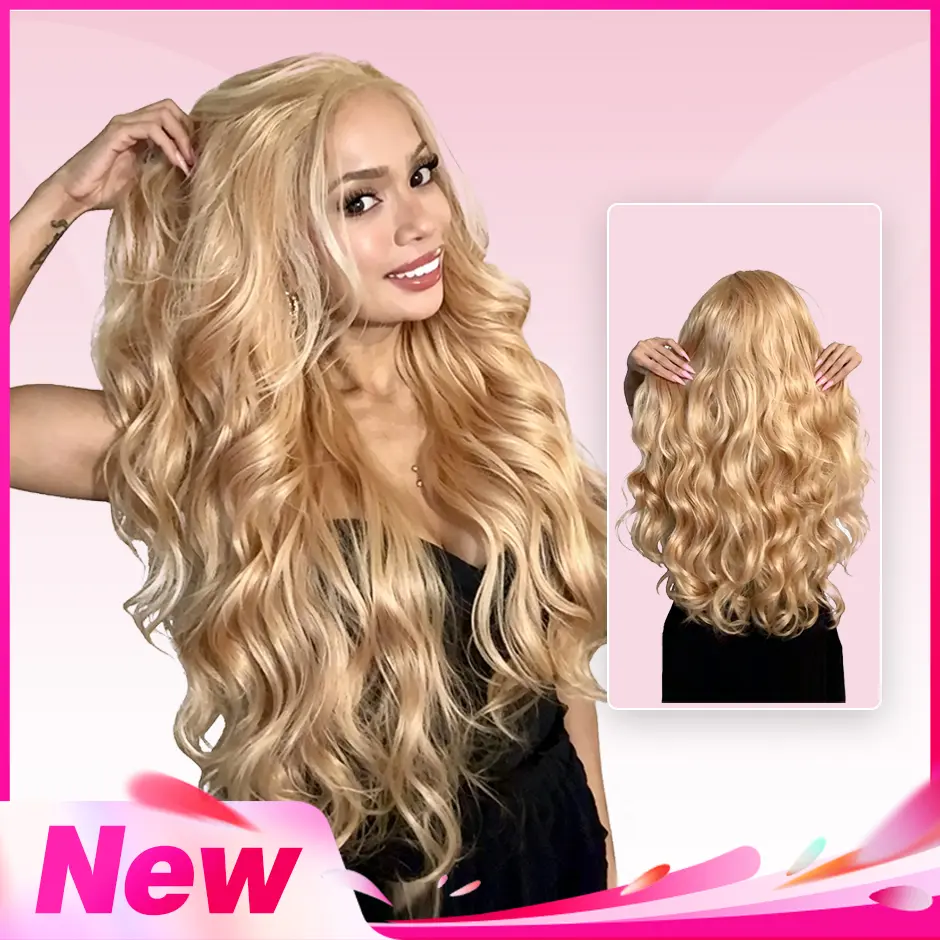 VSIGN Honey Blonde Long Body Wave Wig 13 By 6 HD Lace Front Rooted Platinum Blonde Premium Synthetic Heat Resistant Fiber Soft Natural Looking Hair Daily Wear Party Cosplay Vacation Beginner Friendly, Wigs For Beginners, Heat Resistant Wig
