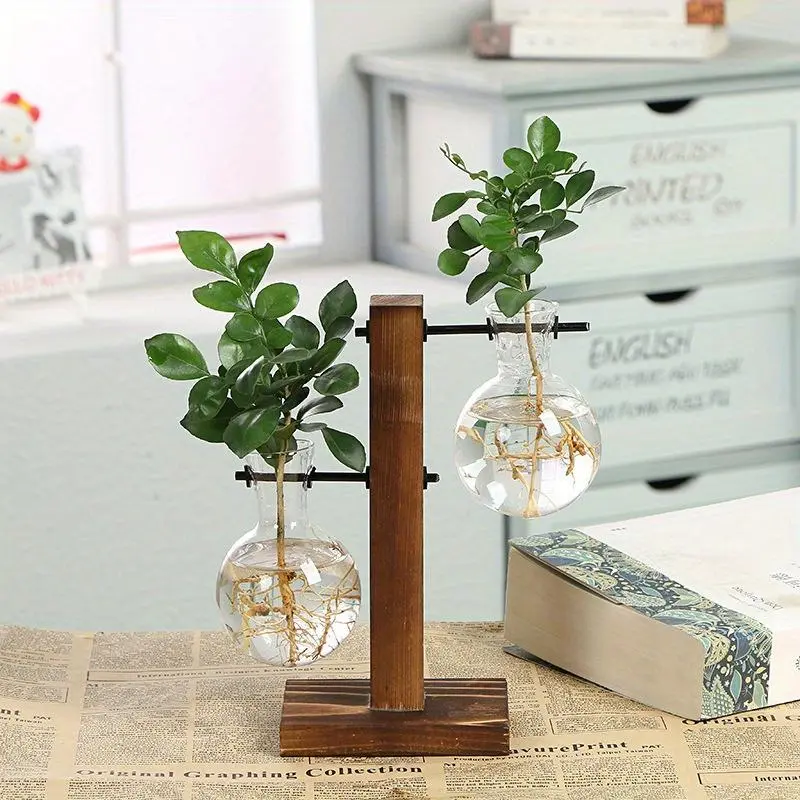Terrarium Hydroponic Plant Vases Vintage Flower Pot Transparent Decorative Modern Plant Vase Wooden Frame Glass Tabletop Plants Home Bonsai Decor